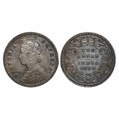 Victoria Empress, Silver, 2 Annas, 1898, Calcutta Mint, B/II, 'C' incused. F. Prid 513. GK
