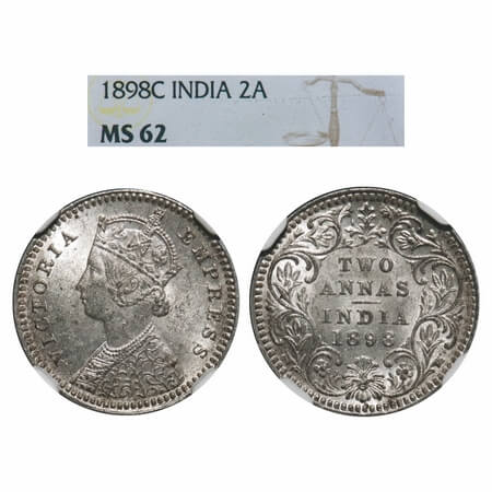 Victoria Empress, Silver, 2 Annas, 1898, Calcutta Mint, B/II, 'C' incused. F. Prid 513. GK