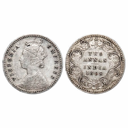 Victoria Empress, Silver, 2 Annas, 1898, Calcutta Mint, B/II, 'C' incused. F. Prid 513. GK