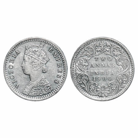 Victoria Empress, Silver, 2 Annas, 1900, Bombay Mint, B/I, 'B' raised, Big B. F. Prid 553.