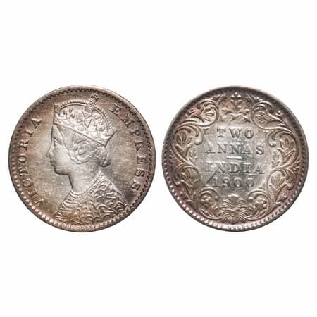Victoria Empress, Silver, 2 Annas, 1900, Calcutta Mint, B/II, 'C' incused, Complete skull 