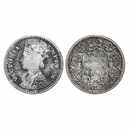 Victoria Empress, Silver, 2 Annas, 1901, Bombay Mint, B/I, 'B' raised. F. Prid 554. GK 815