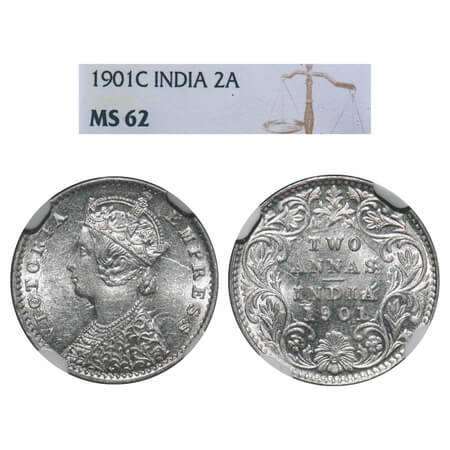 Victoria Empress, Silver, 2 Annas, 1901, Calcutta Mint, B/II, 'C' incused. F. Prid 515. GK