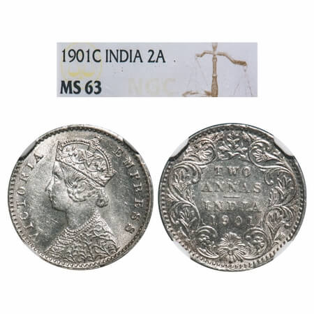 Victoria Empress, Silver, 2 Annas, 1901, Calcutta Mint, B/II, 'C' incused. F. Prid 515. GK