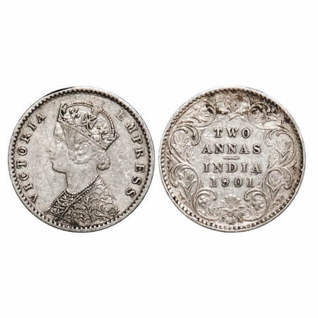 Victoria Empress, Silver, 2 Annas, 1901, Calcutta Mint, B/II, 'C' incused. F. Prid 515. GK