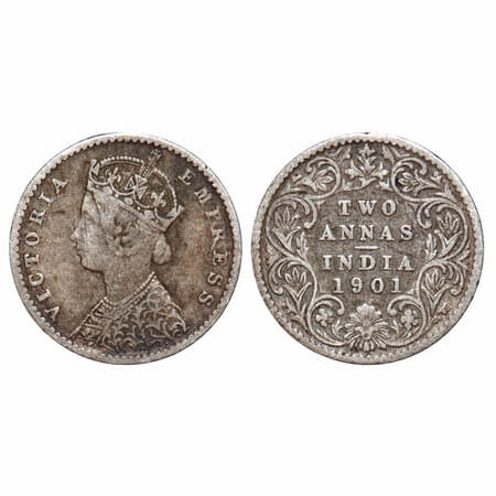 Victoria Empress, Silver, 2 Annas, 1901, Calcutta Mint, B/II, 'C' incused. F. Prid 515. GK