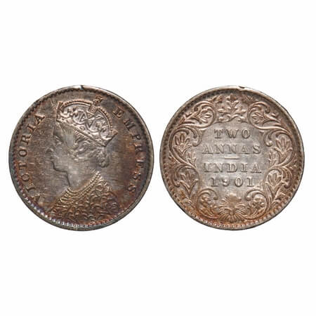 Victoria Empress, Silver, 2 Annas, 1901, Calcutta Mint, B/II, 'C' incused, Ghost on Rev. F
