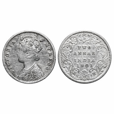 Victoria Empress, Silver, 2 Annas, 1901, Calcutta Mint, B/II, 'C' incused. F. Prid 515. GK