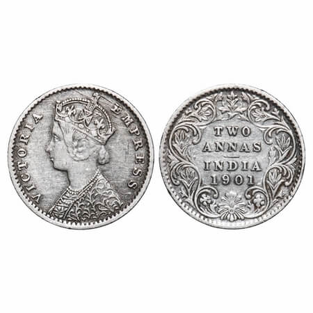 Victoria Empress, Silver, 2 Annas, 1901, Calcutta Mint, B/II, 'C' incused. F. Prid 515. GK