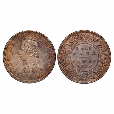 Victoria Empress, Copper, Half Anna, 1877, Calcutta Mint, C/II, Numeral 77 broad, The Quee