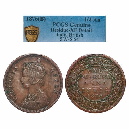 Victoria Queen, Copper, Quarter Anna, 1876, Bombay Mint, A/I, No mint mark. F. Prid 636. G