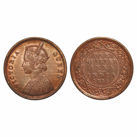 Victoria Queen, Copper, Quarter Anna, 1876, Bombay Mint, A/I, No mint mark. F. Prid 636. G