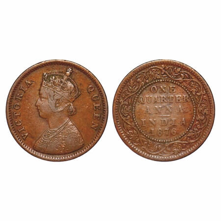 Victoria Queen, Copper, Quarter Anna, 1876, Bombay Mint, A/I, No mint mark. F. Prid 636. G