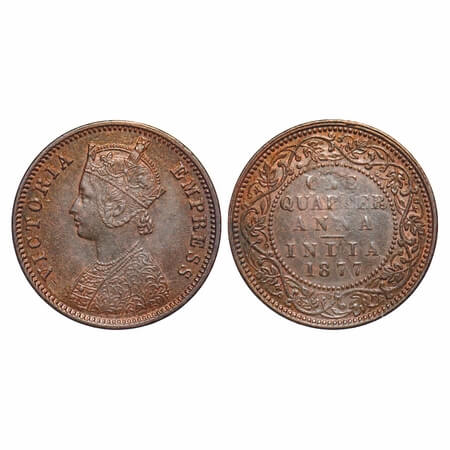 Victoria Empress, Copper, Quarter Anna, 1877, Bombay Mint, B/I, No mint amrk. F. Prid 637.