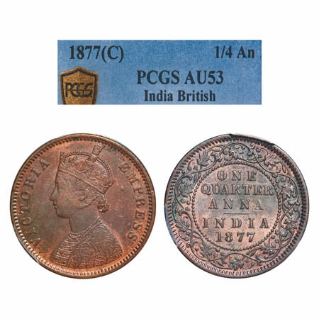 Victoria Empress, Copper, Quarter Anna, 1877, Calcutta Mint, B/II, No mint mark. F. Prid 6