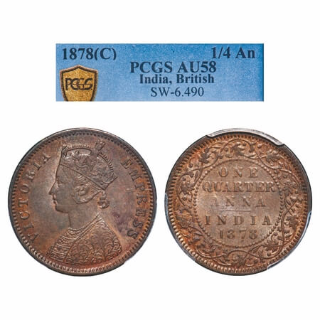 Victoria Empress, Copper, Quarter Anna, 1878, Calcutta Mint, B/II, No mint mark. F. Prid 6