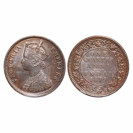 Victoria Empress, Copper, Quarter Anna, 1879, Calcutta Mint, B/II, 'C' incused. F. Prid 61