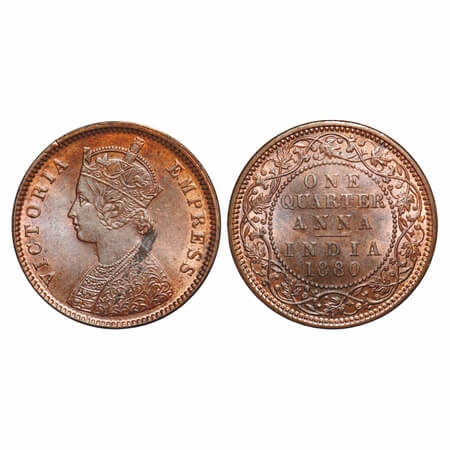 Victoria Empress, Copper, Quarter Anna, 1880, Calcutta Mint, B/II, 'C' incused. F. Prid 61