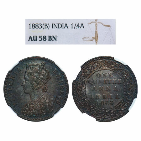 Victoria Empress, Copper, Quarter Anna, 1883, Bombay Mint, B/I, No mint mark. F. Prid 639.