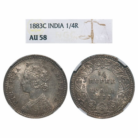 Victoria Empress, Silver, 1/4 Rupee, 1883, Calcutta Mint, C/II, 'C' incused. F. Prid 388. 