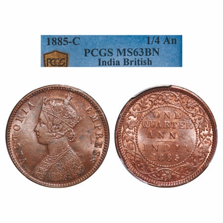 Victoria Empress, Copper, Quarter Anna, 1885, Calcutta Mint, B/II, 'C" incused. F. Prid 61
