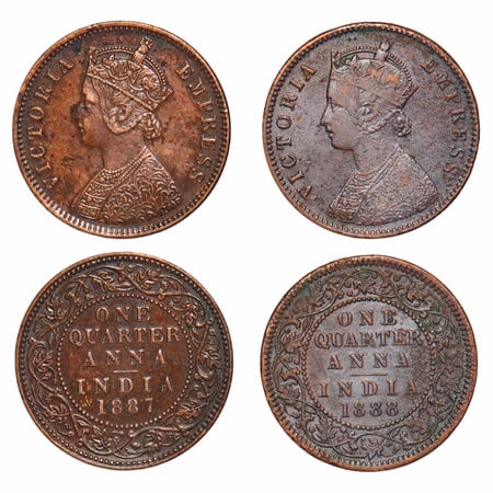 Victoria Empress, Copper, Quarter Anna, (2 coins), 1) 1887, Bombay Mint, B/I, No mint mark