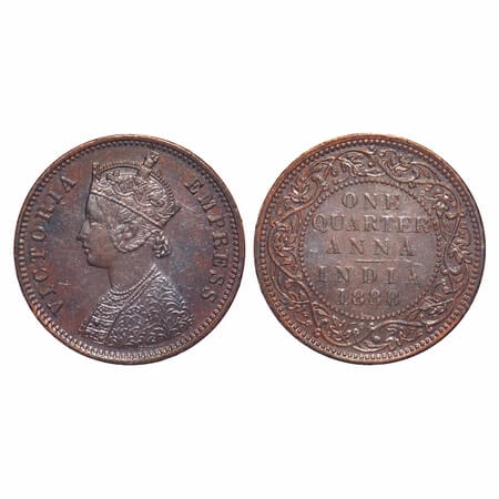 Victoria Empress, Copper, Quarter Anna, 1888, Bombay Mint, B/I, No mint mark. F. Prid 643.