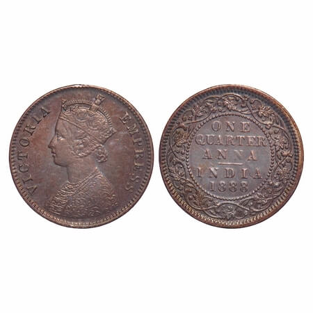 Victoria Empress, Copper, Quarter Anna, 1888, Calcutta Mint, B/II, No mint mark. F. Prid 6