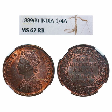 Victoria Empress, Copper, Quarter Anna, 1889, Bombay Mint, B/I, No mint mark. F. Prid 644.