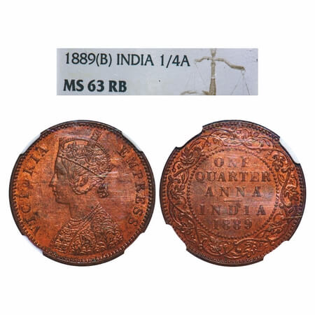 Victoria Empress, Copper, Quarter Anna, 1889, Bombay Mint, B/I, No mint mark. F. Prid 644.