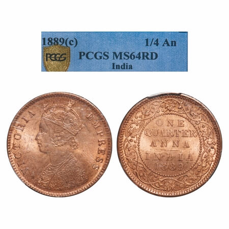 Victoria Empress, Copper, Quarter Anna, 1889, Calcutta Mint, B/II, No mint mark. F. Prid 6