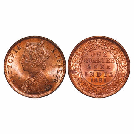 Victoria Empress, Copper, Quarter Anna, 1891, Calcutta Mint, B/II, No mint mark. F. Prid 6