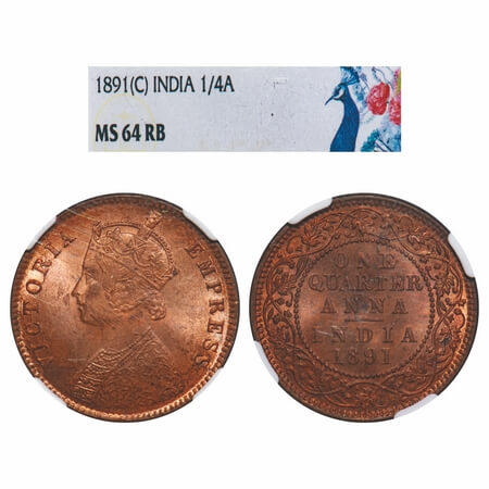 Victoria Empress, Copper, Quarter Anna, 1891, Calcutta Mint, B/II, No mint mark. F. Prid 6