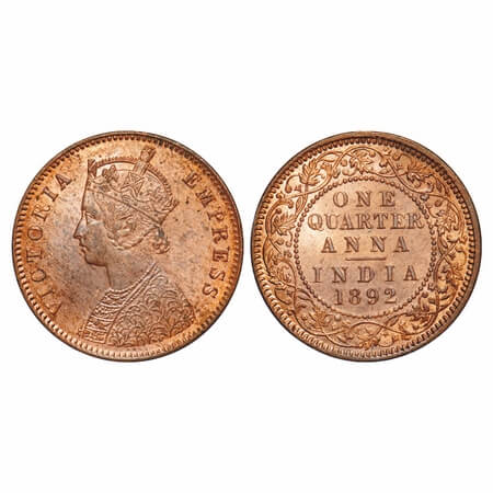Victoria Empress, Copper, Quarter Anna, 1892, Calcutta Mint, B/II, No mint mark. F. Prid 6