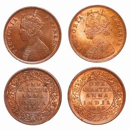Victoria Empress, Copper, Quarter Anna, (2 coins), 1892, 1893, Calcutta Mint, B/II, No min