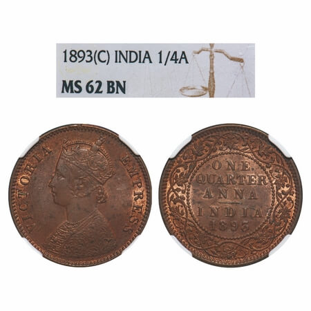 Victoria Empress, Copper, Quarter Anna, 1893, Calcutta Mint, B/II, No mint mark. F. Prid 6