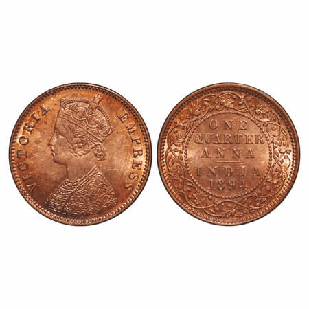 Victoria Empress, Copper, Quarter Anna, 1894, Calcutta Mint, B/II, No mint mark. F. Prid 6