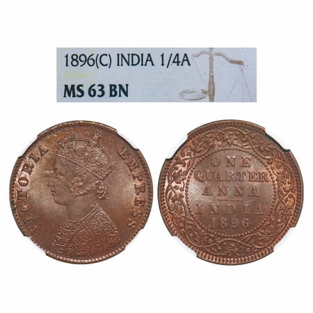 Victoria Empress, Copper, Quarter Anna, 1896, Calcutta Mint, B/II, No mint mark. F. Prid 6