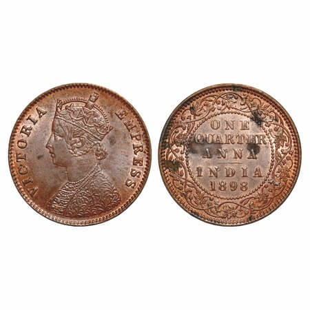 Victoria Empress, Copper, Quarter Anna, 1898, Calcutta Mint, B/II, No mint mark. F. Prid 6