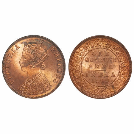 Victoria Empress, Copper, Quarter Anna, 1899, Calcutta Mint, B/II, No mint mark. F. Prid 6
