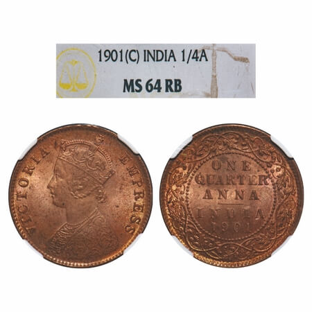 Victoria Empress, Copper, Quarter Anna, 1901, Calcutta Mint, B/II, No mint mark. F. Prid 6