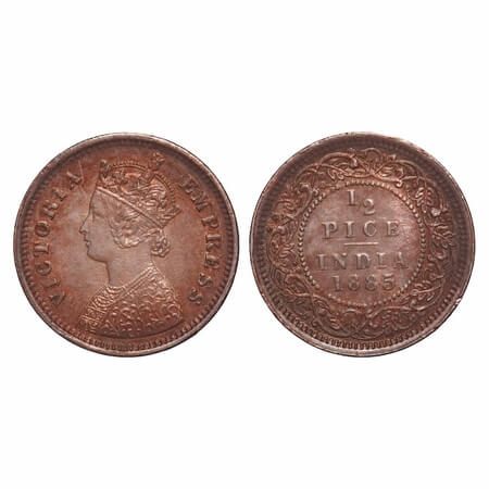Victoria Empress, Copper, 1/2 Pice, 1885, Calcutta Mint, A/I, No mint mark. F. Prid 717. G