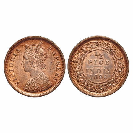 Victoria Empress, Copper, 1/2 Pice, 1886, Calcutta Mint, A/I, No mint mark. F. Prid 718. G