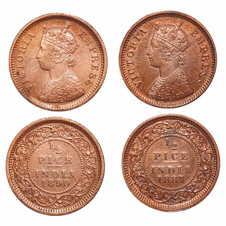 Victoria Empress, Copper, 1/2 Pice, (2 coins), 1887, 1890, Calcutta Mint, A/I, No mint mar