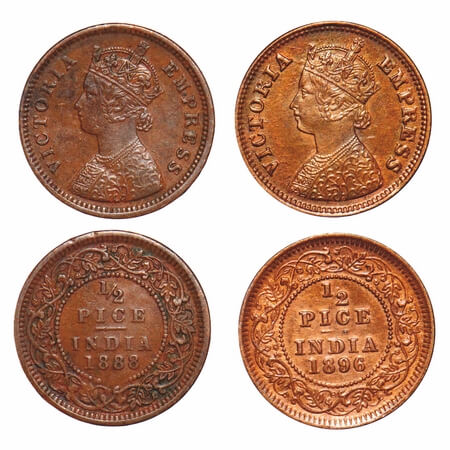 Victoria Empress, Copper, 1/2 Pice, (2 coins), 1888, 1896, Calcutta Mint, A/I, No mint mar