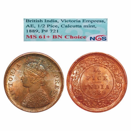 Victoria Empress, Copper, 1/2 Pice, 1889, Calcutta Mint, A/I, No mint mark. F. Prid 721. G
