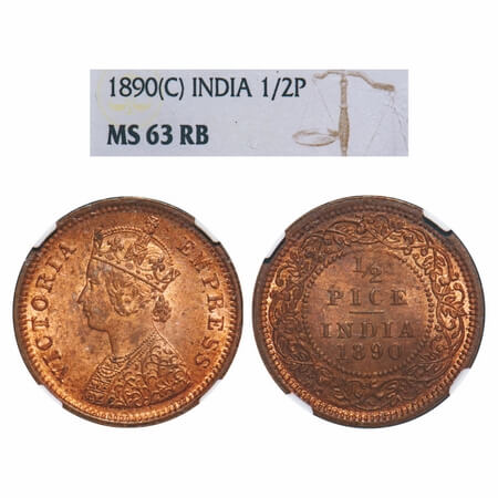 Victoria Empress, Copper, 1/2 Pice, 1890, Calcutta Mint, A/I, No mint mark. F. Prid 722. G