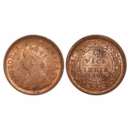 Victoria Empress, Copper, 1/2 Pice, 1890, Calcutta Mint, A/I, No mint mark. F. Prid 722. G