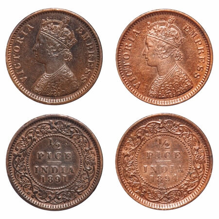 Victoria Empress, Copper, 1/2 Pice, (2 coins), 1891, 1894, Calcutta Mint, A/I, No mint mar