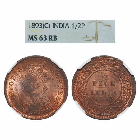 Victoria Empress, Copper, 1/2 Pice, 1893, Calcutta Mint, A/I, No mint mark. F. Prid 726. G